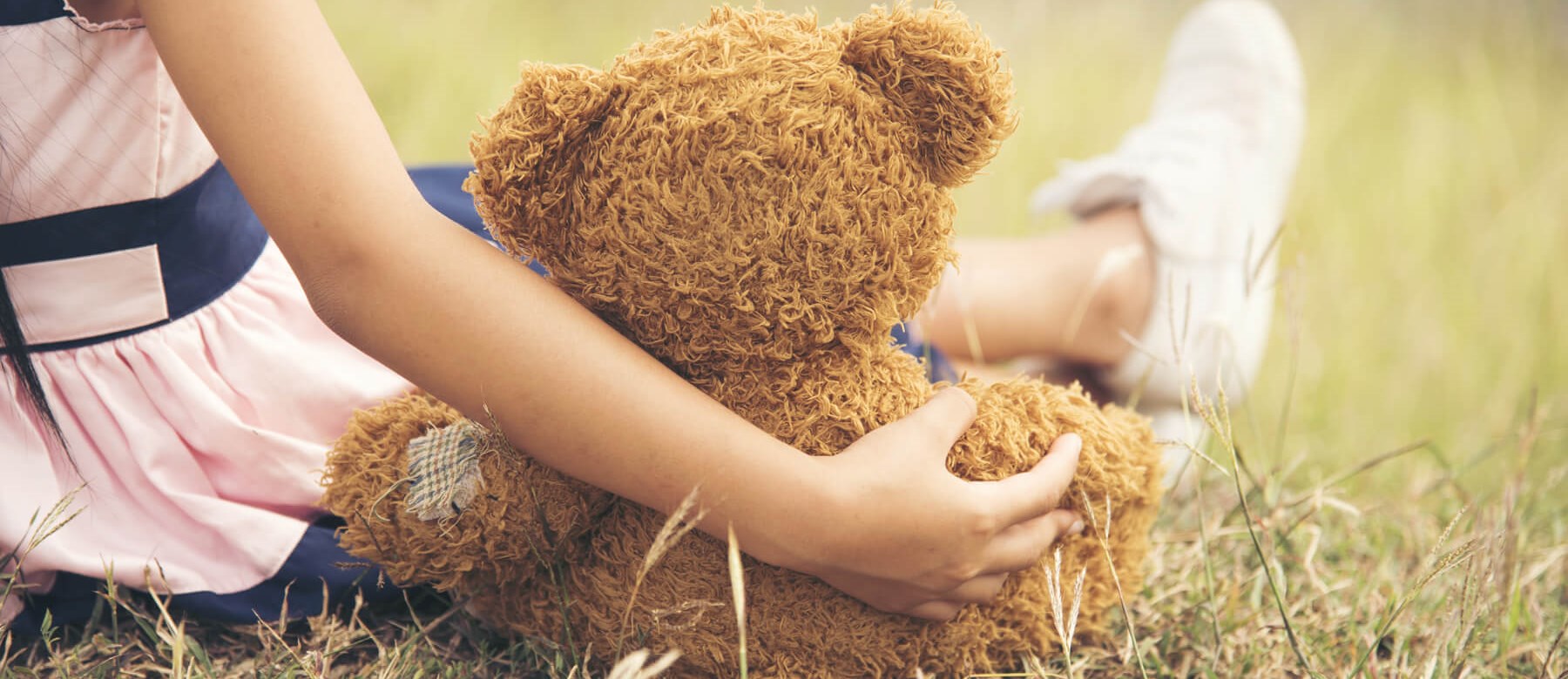 Girl Hugging Teddy on Grass